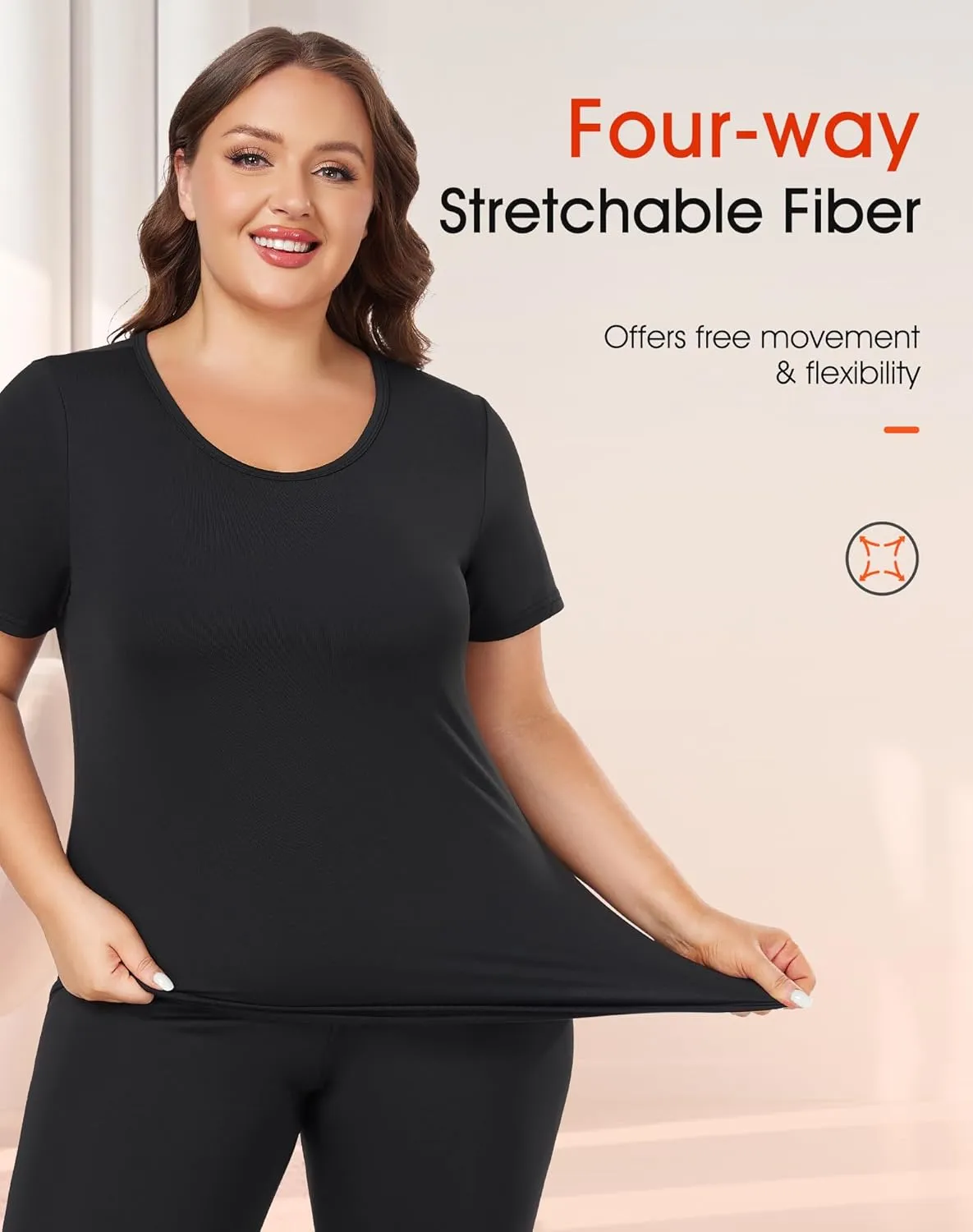 Plus Size Thermal Top for Women Short Sleeve Thermal Shirt Fleece Lined Underscrubs Long Johns Base Layer