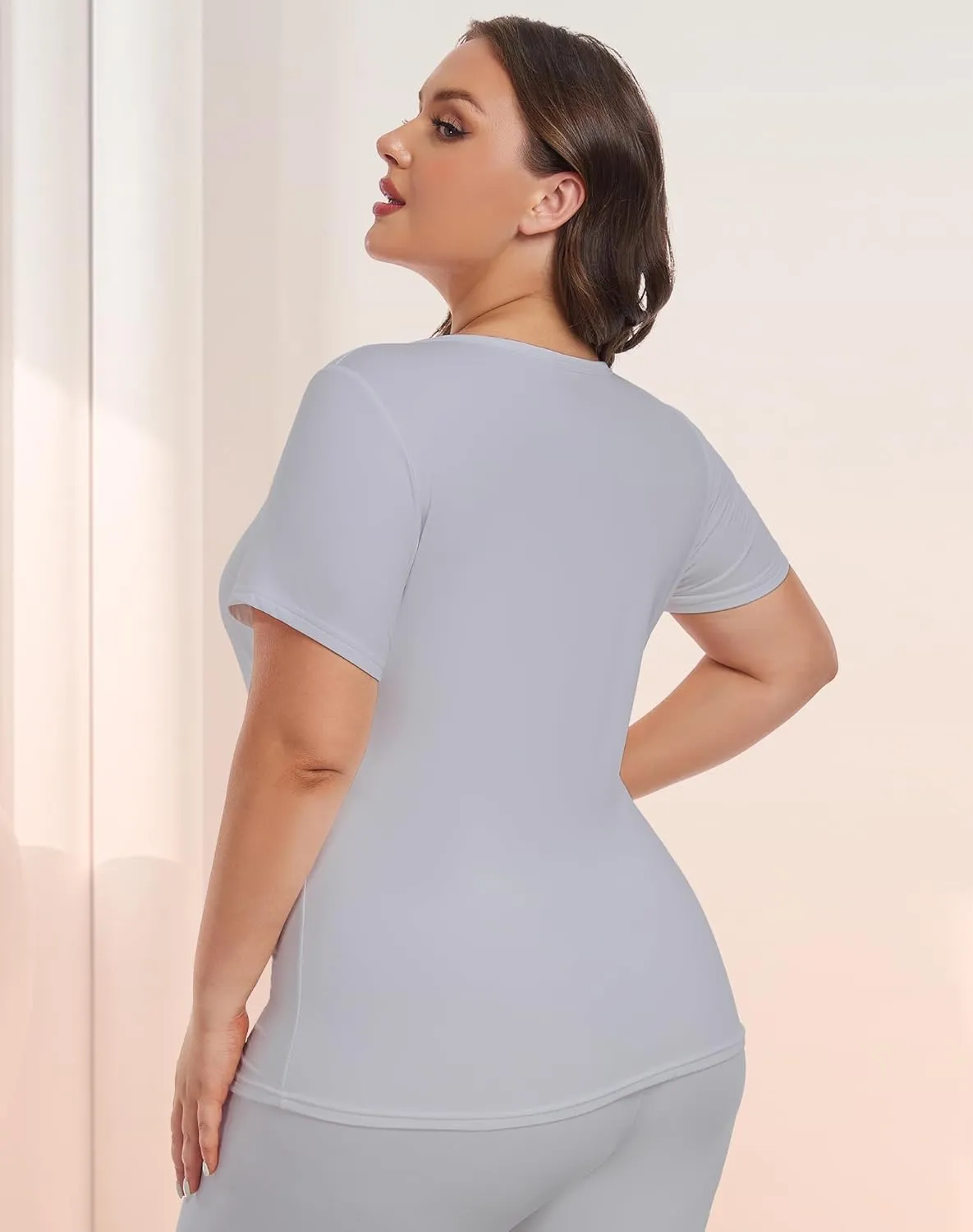 Plus Size Thermal Top for Women Short Sleeve Thermal Shirt Fleece Lined Underscrubs Long Johns Base Layer