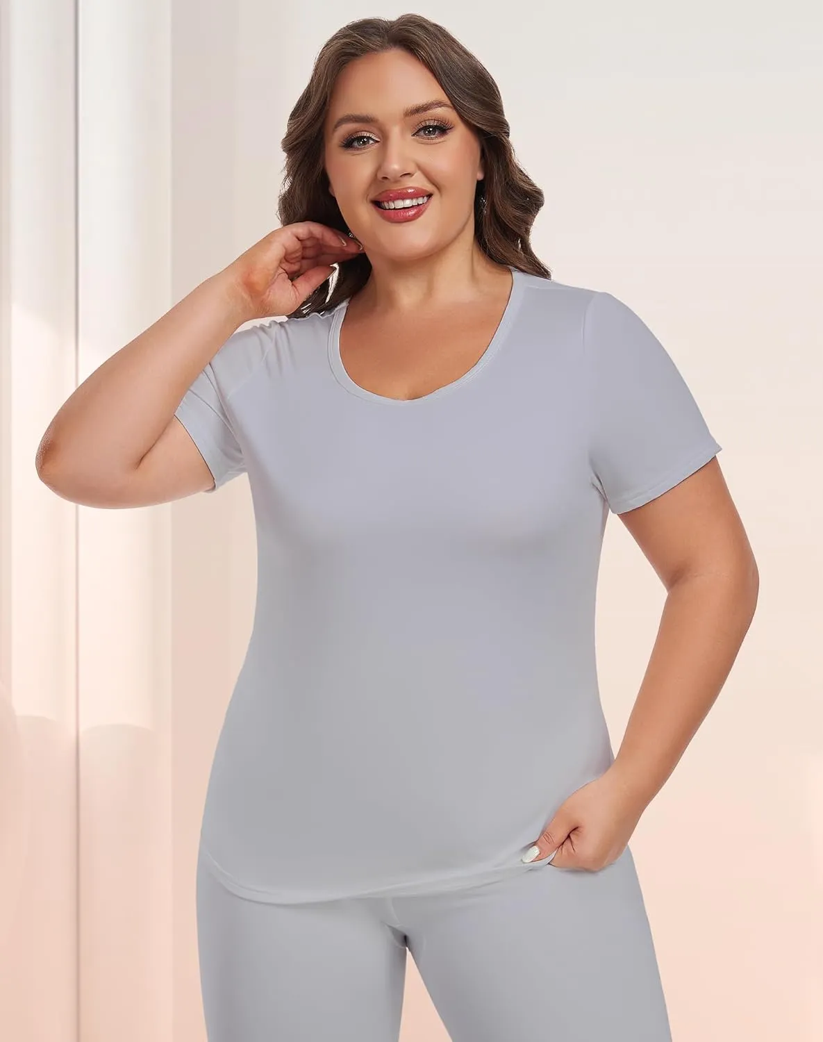 Plus Size Thermal Top for Women Short Sleeve Thermal Shirt Fleece Lined Underscrubs Long Johns Base Layer