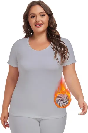 Plus Size Thermal Top for Women Short Sleeve Thermal Shirt Fleece Lined Underscrubs Long Johns Base Layer
