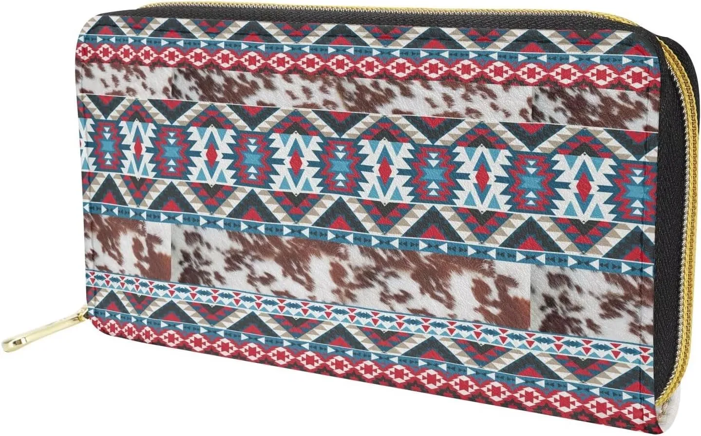 Poceacles Aztec National Tribe Leopard Print Women's Zipper Wallets, Stripes Print Leather Clutch Purse,Credit Card Cases