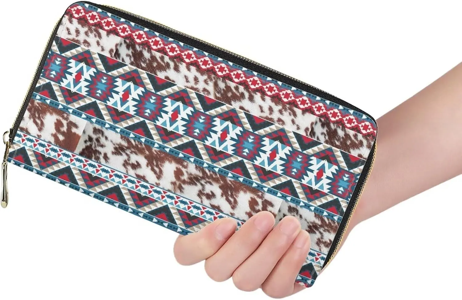 Poceacles Aztec National Tribe Leopard Print Women's Zipper Wallets, Stripes Print Leather Clutch Purse,Credit Card Cases