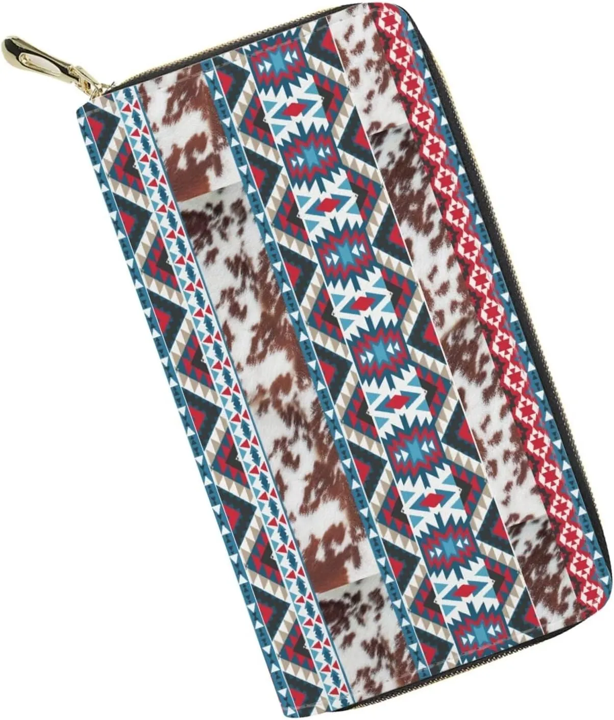 Poceacles Aztec National Tribe Leopard Print Women's Zipper Wallets, Stripes Print Leather Clutch Purse,Credit Card Cases