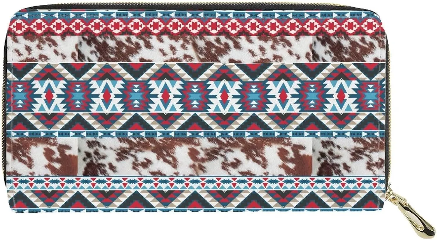 Poceacles Aztec National Tribe Leopard Print Women's Zipper Wallets, Stripes Print Leather Clutch Purse,Credit Card Cases
