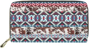 Poceacles Aztec National Tribe Leopard Print Women's Zipper Wallets, Stripes Print Leather Clutch Purse,Credit Card Cases