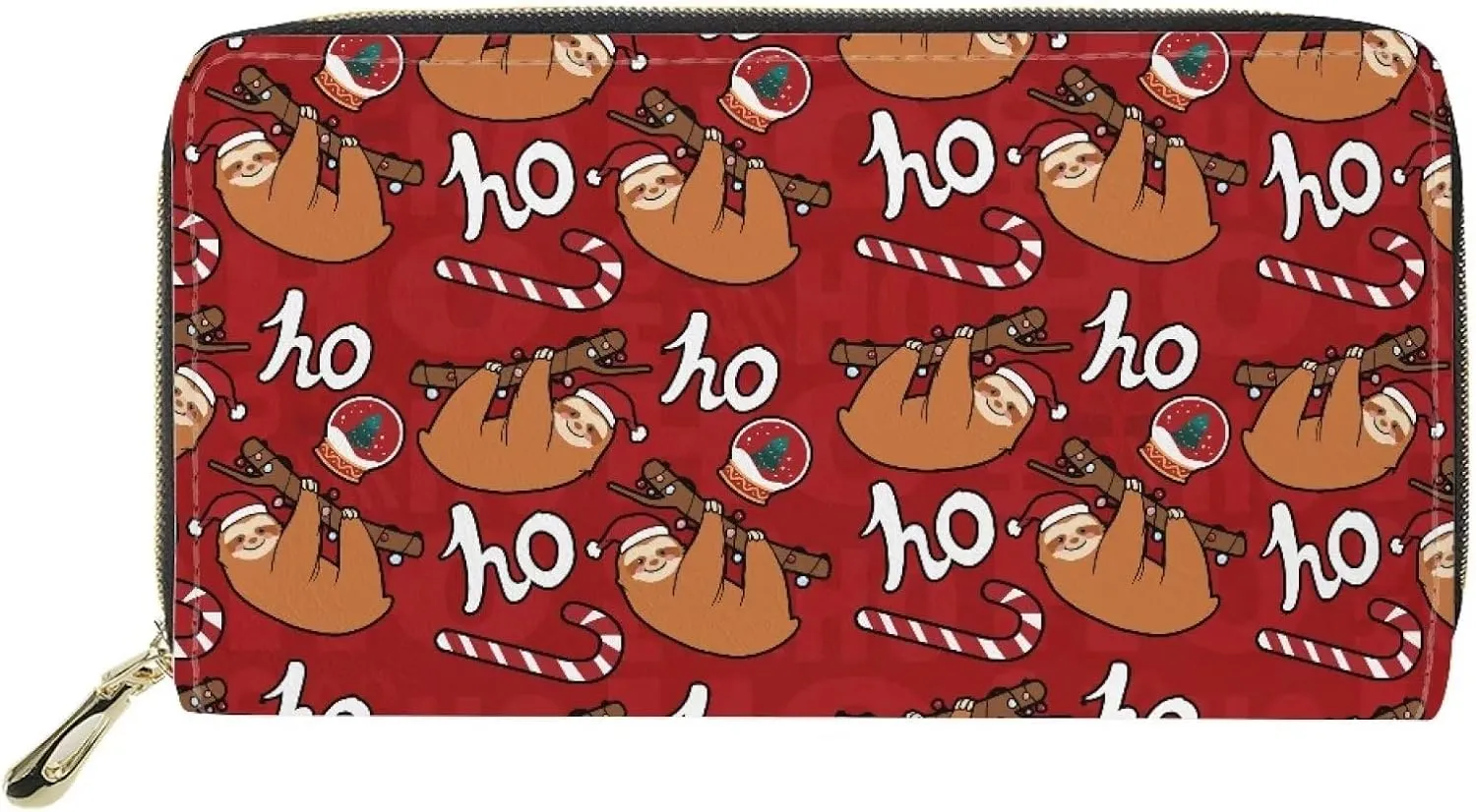 Poceacles Sloth Christmas Print Wallets for Women PU Leather Hand Purse Long Style Clutch Travel Shopping Handbag Money Clip with Card Slots Blocking Zip Around, Red
