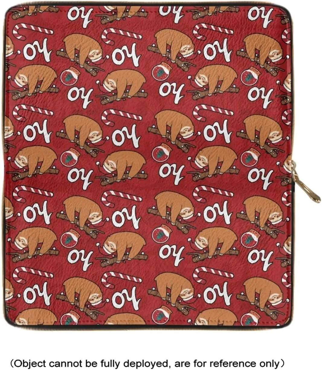 Poceacles Sloth Christmas Print Wallets for Women PU Leather Hand Purse Long Style Clutch Travel Shopping Handbag Money Clip with Card Slots Blocking Zip Around, Red