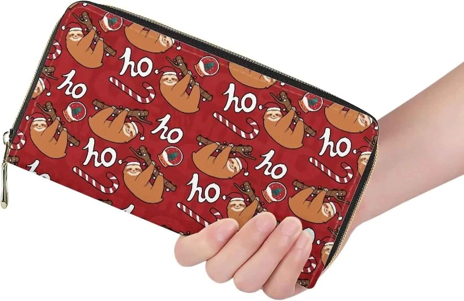 Poceacles Sloth Christmas Print Wallets for Women PU Leather Hand Purse Long Style Clutch Travel Shopping Handbag Money Clip with Card Slots Blocking Zip Around, Red