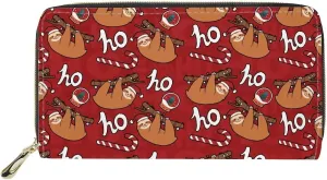 Poceacles Sloth Christmas Print Wallets for Women PU Leather Hand Purse Long Style Clutch Travel Shopping Handbag Money Clip with Card Slots Blocking Zip Around, Red