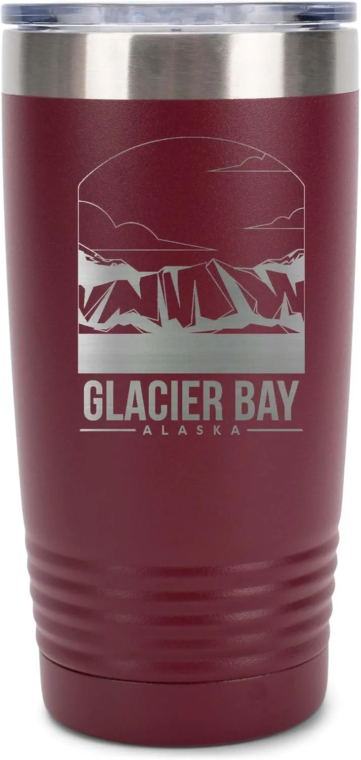 Polar Camel, United States National Parks, Maroon 20 Ounce, Stainless Steel, Vacuum Insulated Travel Tumbler Mug With Clear Lid, Glacier Bay Alaska