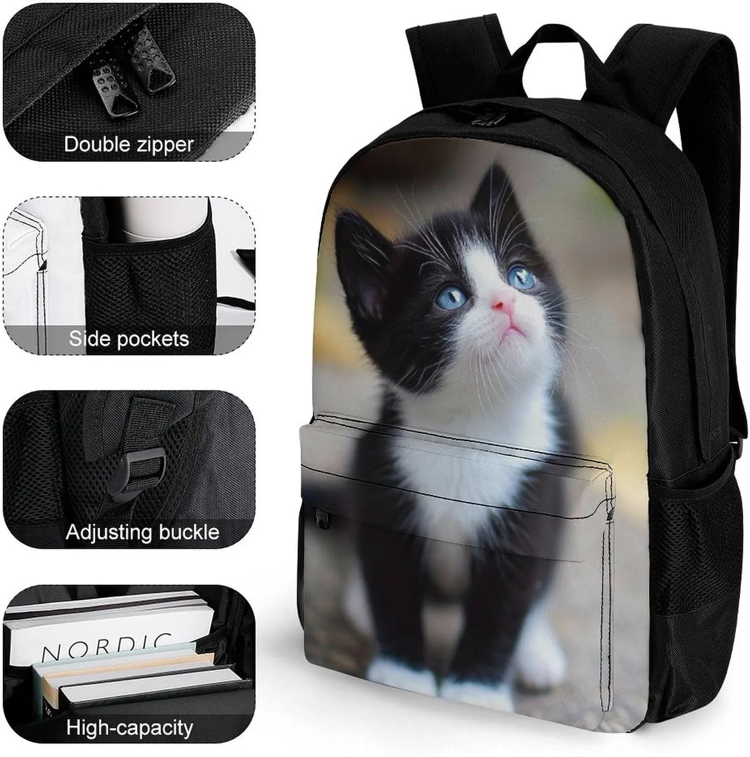 Polyester Daypack Backpack for Trekking Picnic Walking Cycling - Large Capacity Anti-Theft Multipurpose Shoulder Bag, Black And White Cute Black Cat Casual Daypack
