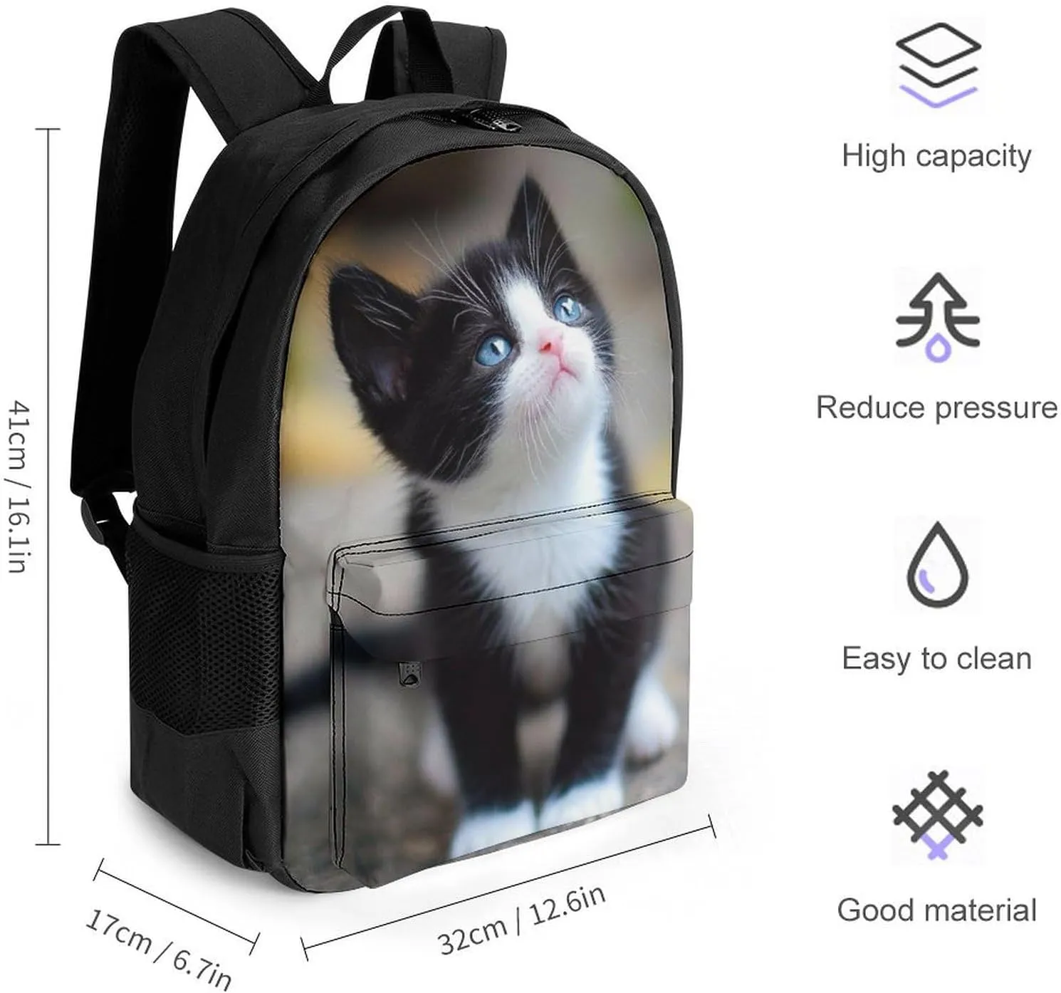 Polyester Daypack Backpack for Trekking Picnic Walking Cycling - Large Capacity Anti-Theft Multipurpose Shoulder Bag, Black And White Cute Black Cat Casual Daypack