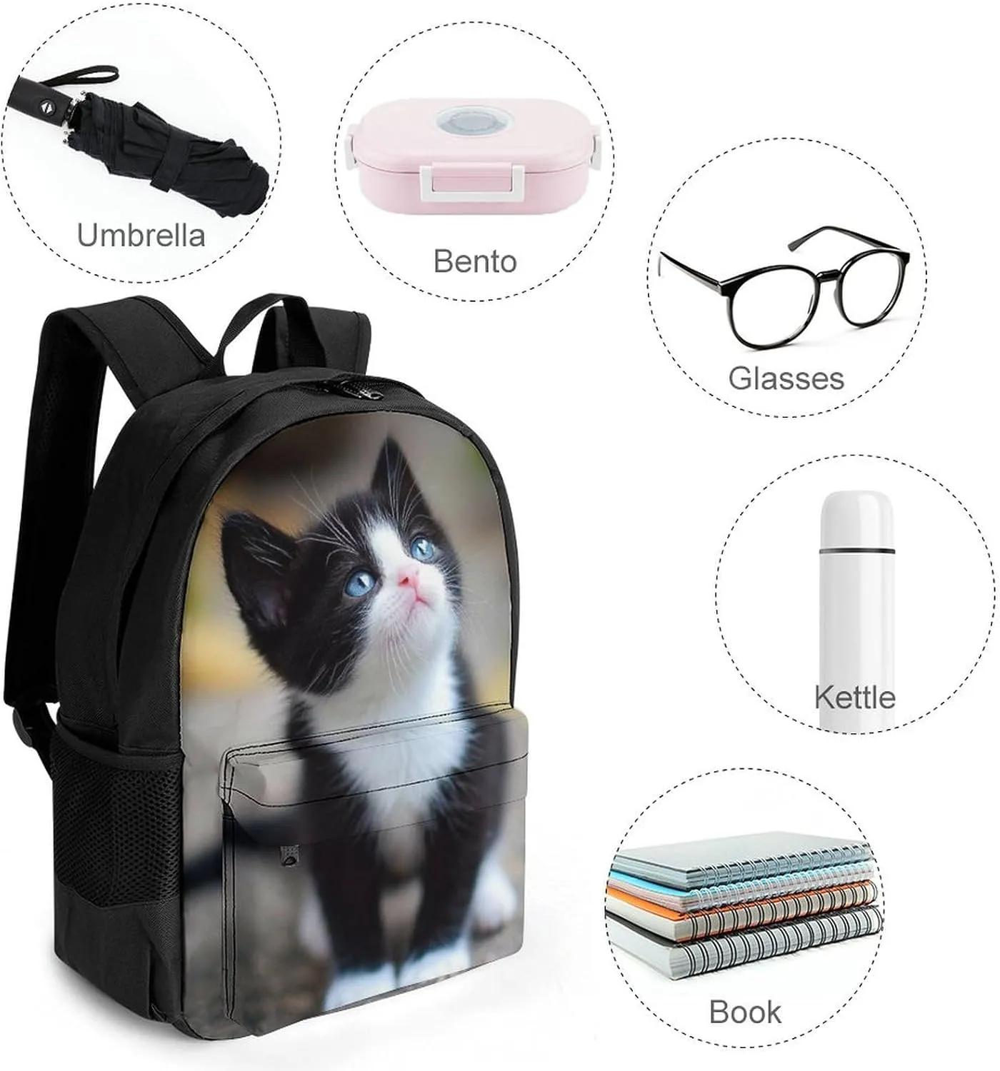 Polyester Daypack Backpack for Trekking Picnic Walking Cycling - Large Capacity Anti-Theft Multipurpose Shoulder Bag, Black And White Cute Black Cat Casual Daypack