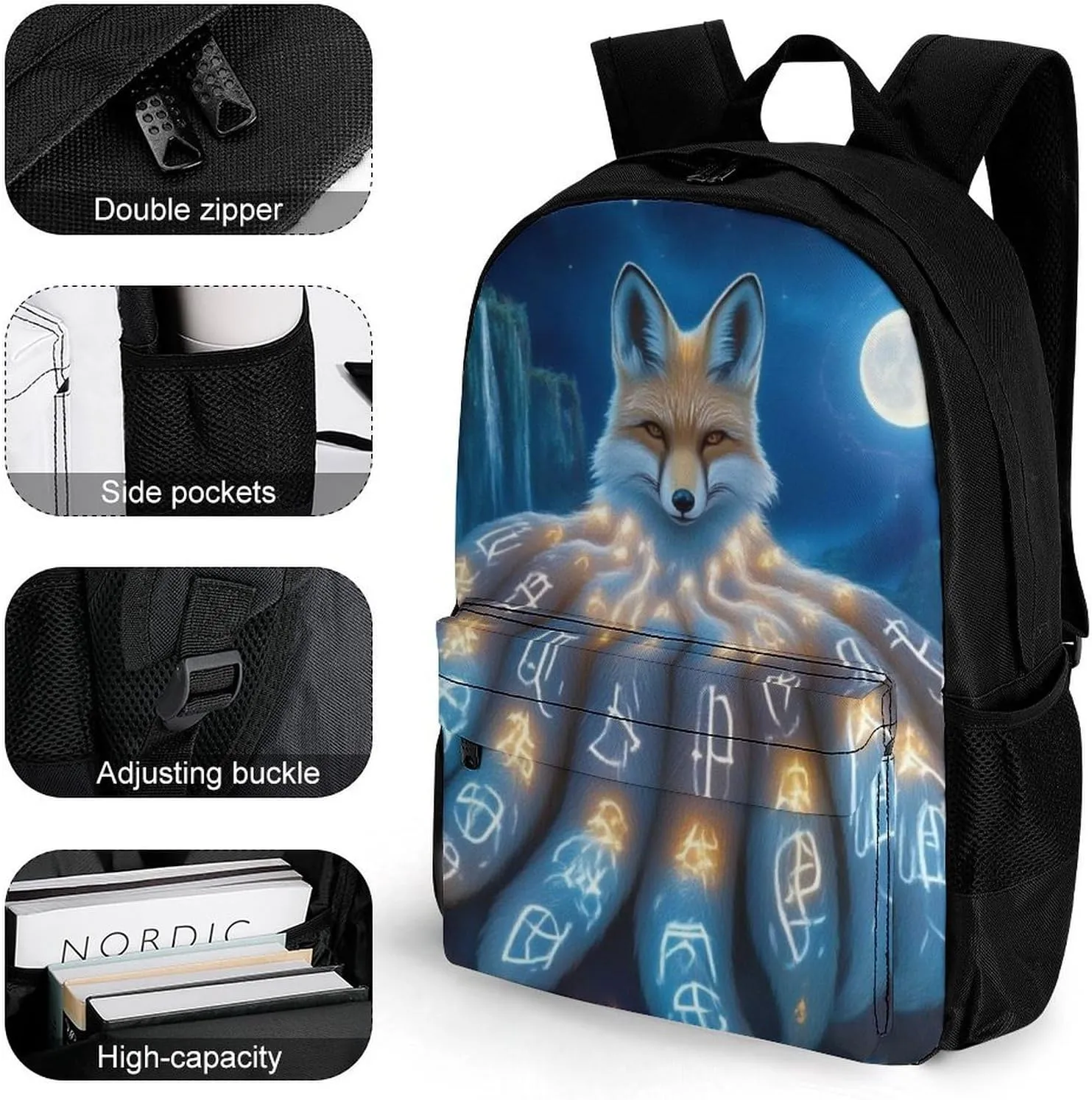 Polyester Daypack Backpack for Trekking Picnic Walking Cycling - Large Capacity Anti-Theft Multipurpose Shoulder Bag, Magical Nine Tailed Fox Art Casual Daypack