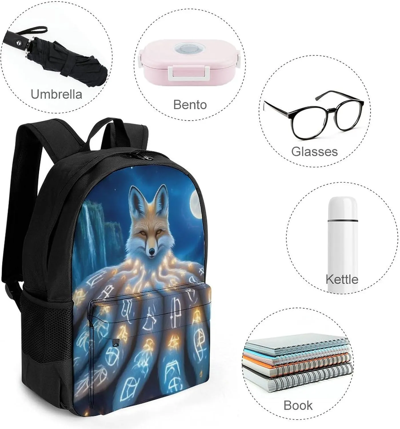 Polyester Daypack Backpack for Trekking Picnic Walking Cycling - Large Capacity Anti-Theft Multipurpose Shoulder Bag, Magical Nine Tailed Fox Art Casual Daypack