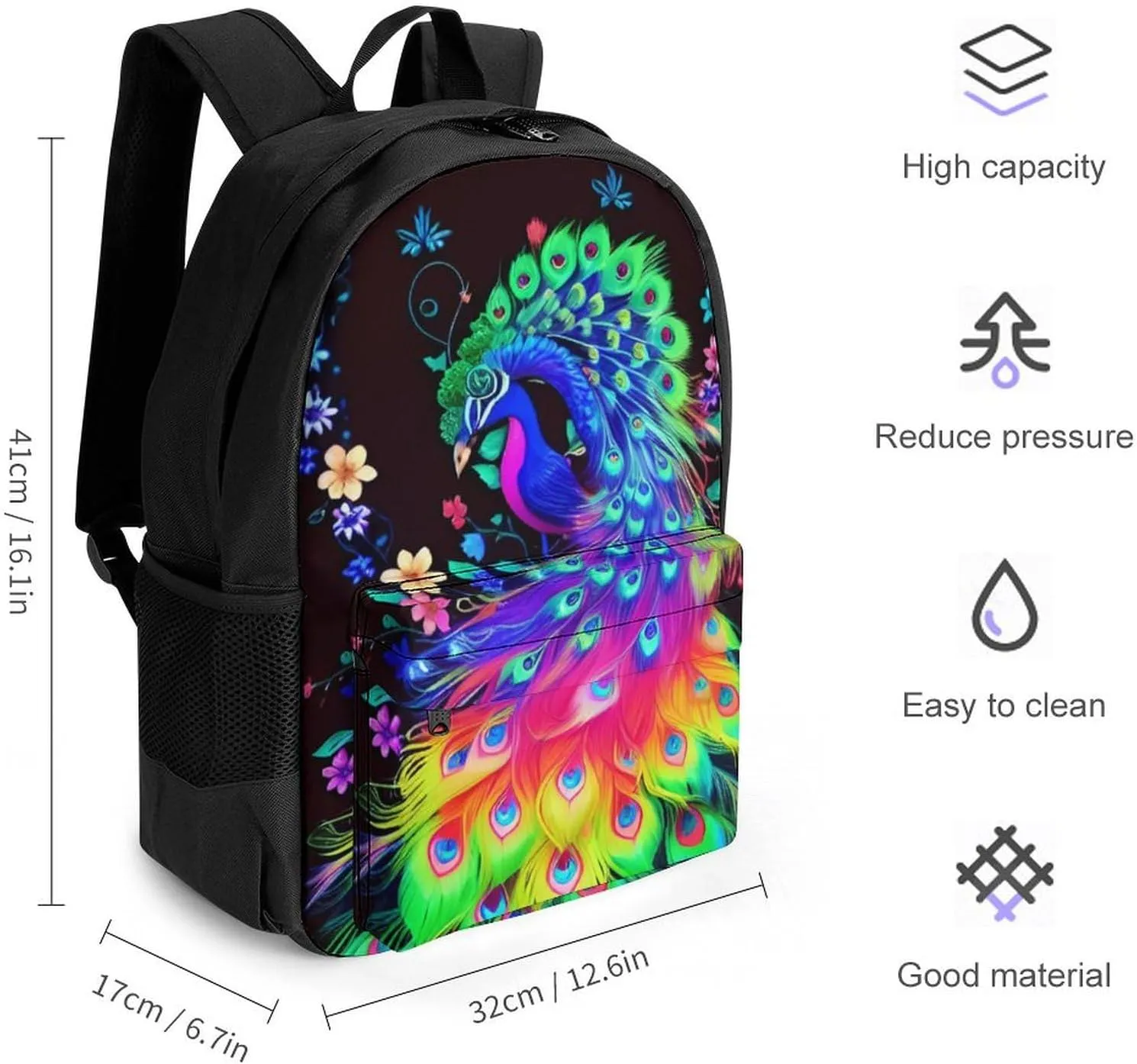 Polyester Daypack Backpack for Trekking Picnic Walking Cycling - Large Capacity Anti-Theft Multipurpose Shoulder Bag, Neon Peacock Flowers Art Casual Daypack
