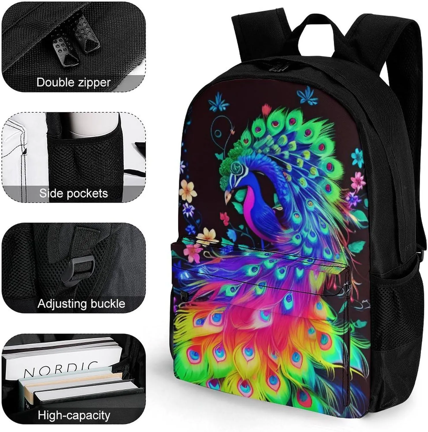 Polyester Daypack Backpack for Trekking Picnic Walking Cycling - Large Capacity Anti-Theft Multipurpose Shoulder Bag, Neon Peacock Flowers Art Casual Daypack