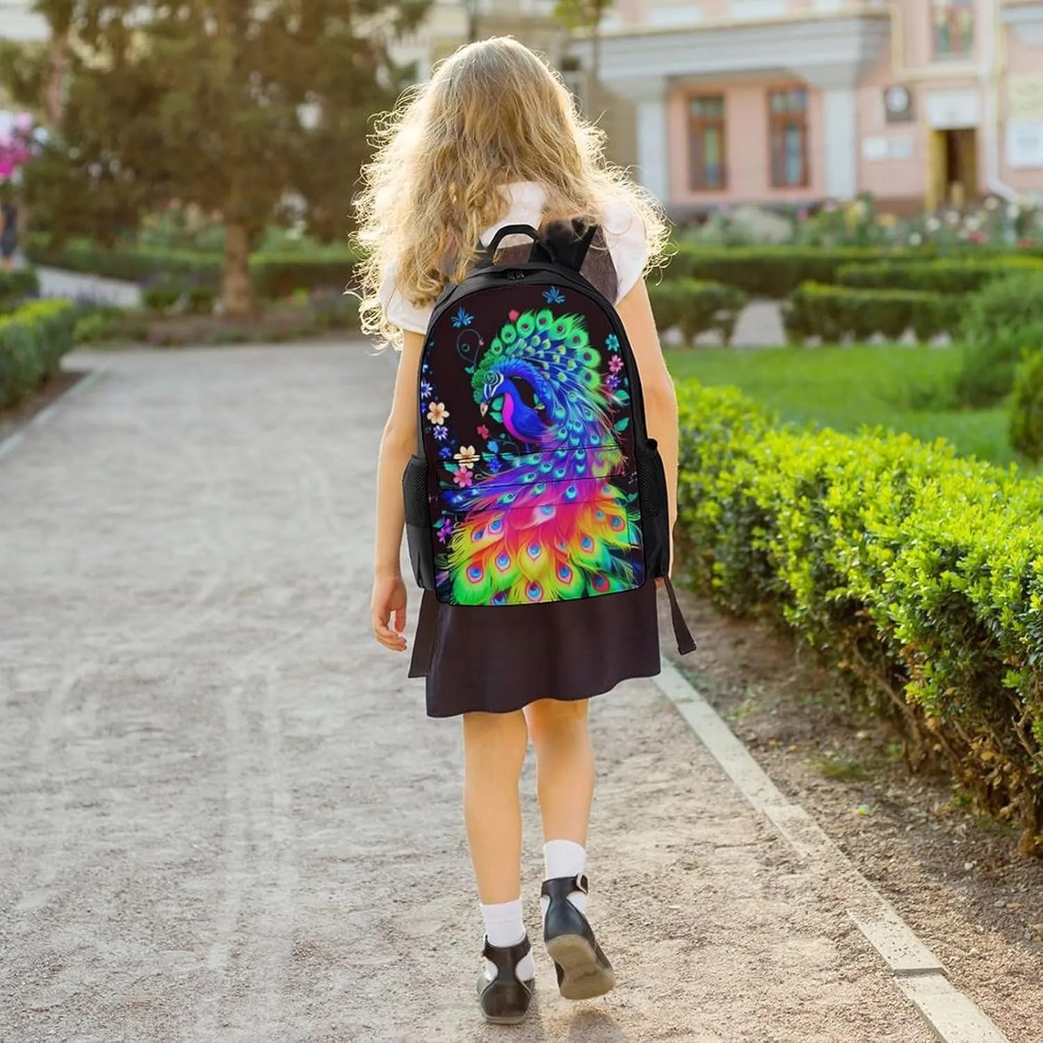 Polyester Daypack Backpack for Trekking Picnic Walking Cycling - Large Capacity Anti-Theft Multipurpose Shoulder Bag, Neon Peacock Flowers Art Casual Daypack