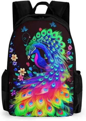 Polyester Daypack Backpack for Trekking Picnic Walking Cycling - Large Capacity Anti-Theft Multipurpose Shoulder Bag, Neon Peacock Flowers Art Casual Daypack