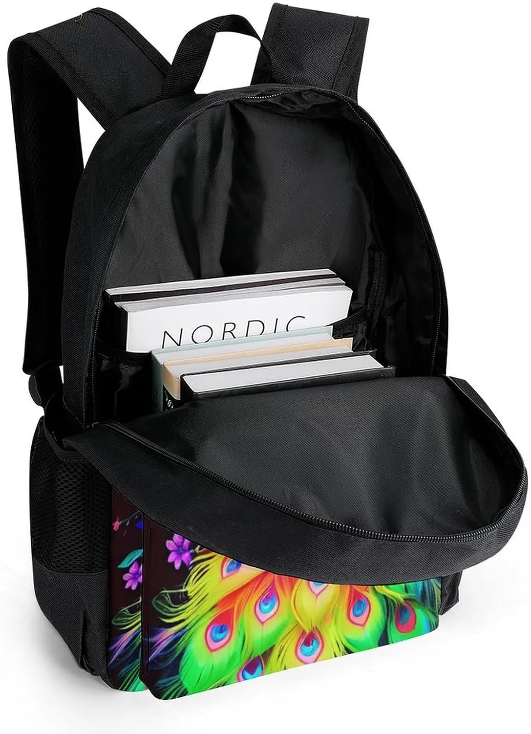 Polyester Daypack Backpack for Trekking Picnic Walking Cycling - Large Capacity Anti-Theft Multipurpose Shoulder Bag, Neon Peacock Flowers Art Casual Daypack