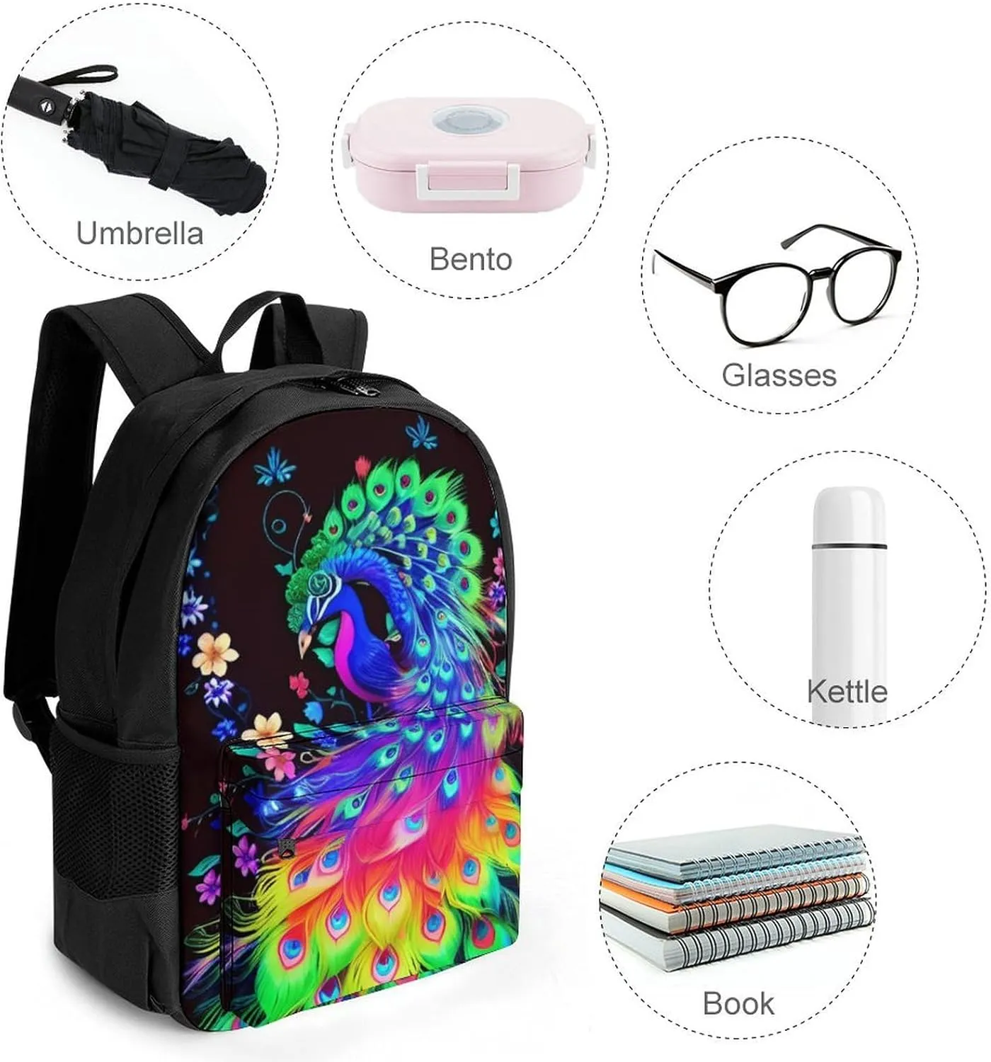 Polyester Daypack Backpack for Trekking Picnic Walking Cycling - Large Capacity Anti-Theft Multipurpose Shoulder Bag, Neon Peacock Flowers Art Casual Daypack