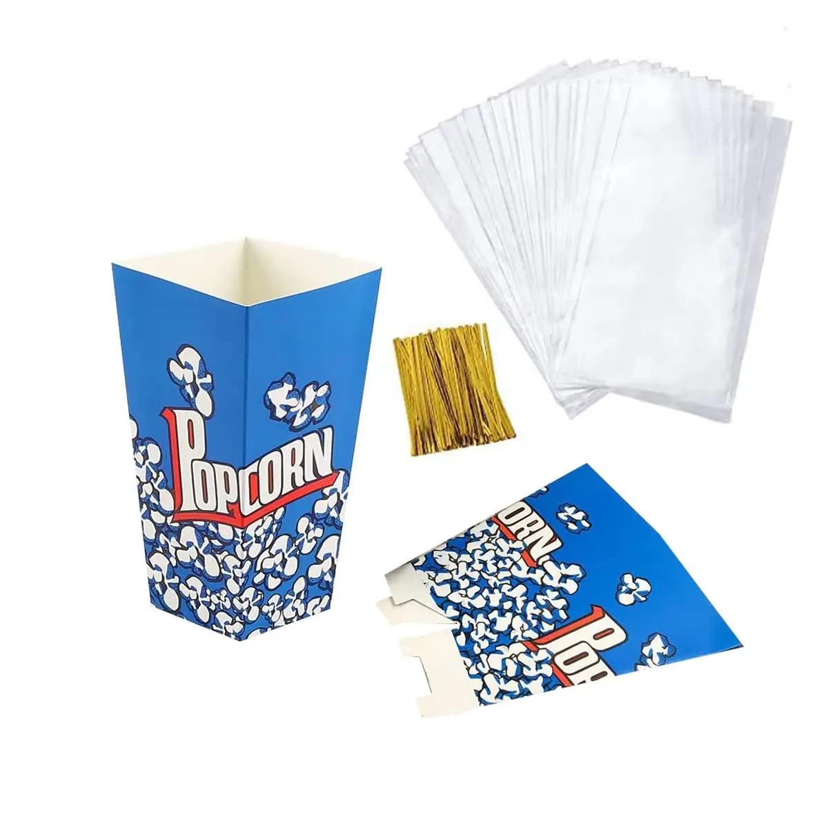 Popcorn Boxes 50Sets Popcorn Box Containers Cardboard Candy Boxes With Clear Popcorn Box Bags Popcorn Tubs Disposable Treat Boxes for Party Movie Supplies Decorations (Blue Clear Bags 50Set)