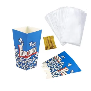 Popcorn Boxes 50Sets Popcorn Box Containers Cardboard Candy Boxes With Clear Popcorn Box Bags Popcorn Tubs Disposable Treat Boxes for Party Movie Supplies Decorations (Blue Clear Bags 50Set)