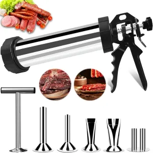 Portable Professional Stainless Steel Jerky Gun & Sausage Stuffer, 5 Nozzles Multi-Size Meat Filler Kit, Heavy-Duty Kitchen Tool for Home Kitchen, Outdoor Camping, Picnic, and BBQ (7 in 1 Kit)