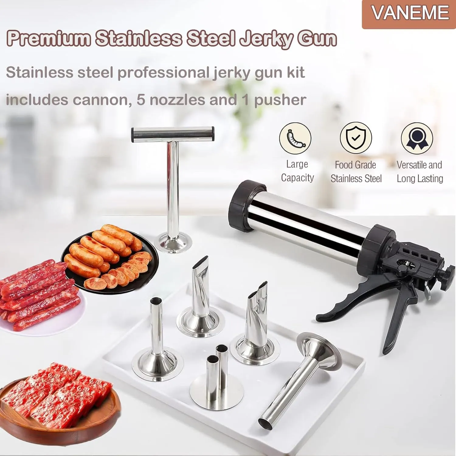 Portable Professional Stainless Steel Jerky Gun & Sausage Stuffer, 5 Nozzles Multi-Size Meat Filler Kit, Heavy-Duty Kitchen Tool for Home Kitchen, Outdoor Camping, Picnic, and BBQ (7 in 1 Kit)
