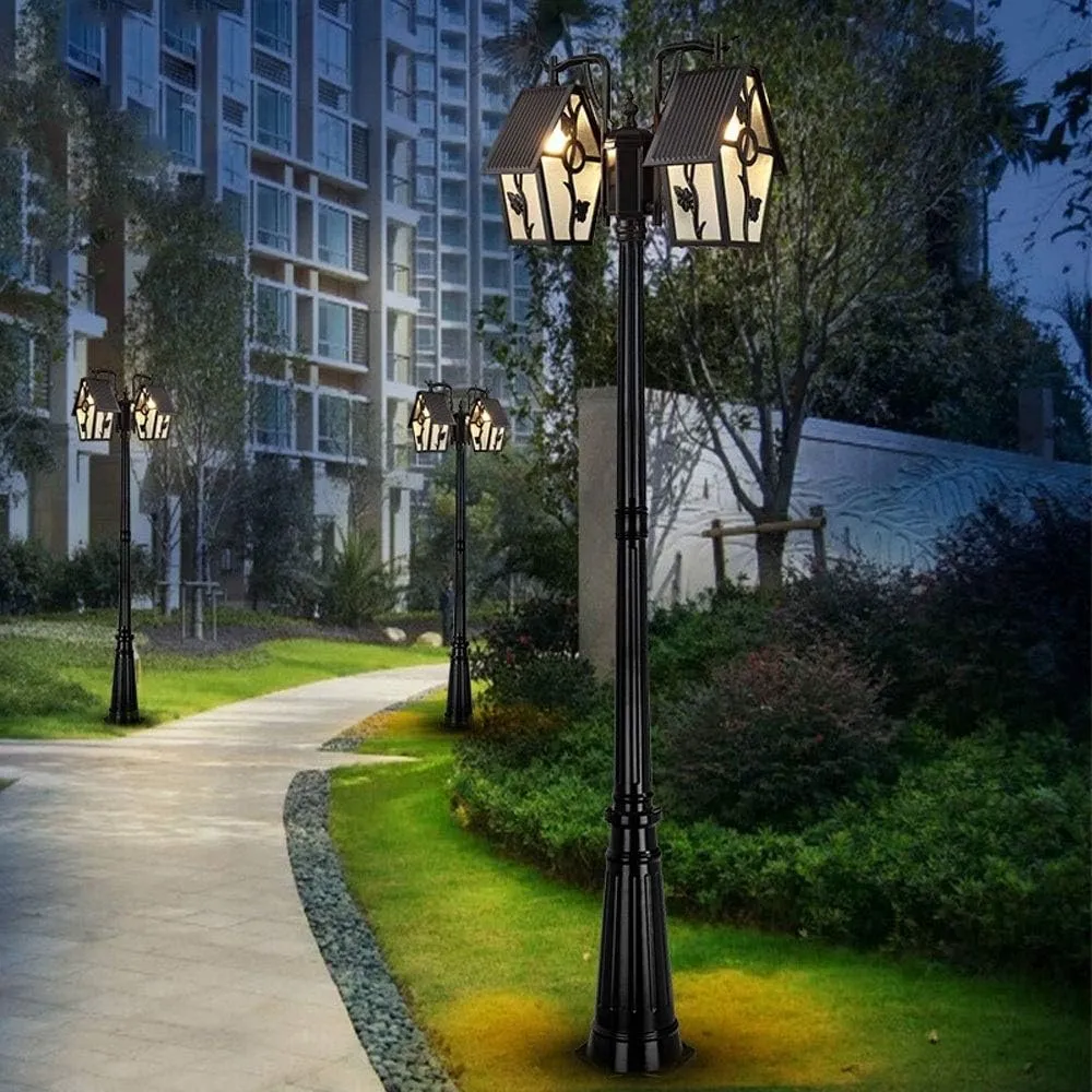 Post Light Post Lights Outdoor,2-Headed Pole Post Lamp Light Waterproof IP55 Pillar Light Pole with Clear Glass Panels Tabletop Lighting for Backyard Patio Gard,Black-3.2m