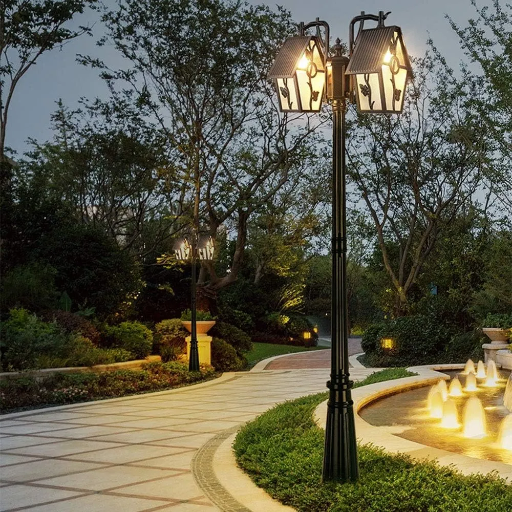 Post Light Post Lights Outdoor,2-Headed Pole Post Lamp Light Waterproof IP55 Pillar Light Pole with Clear Glass Panels Tabletop Lighting for Backyard Patio Gard,Black-3.2m