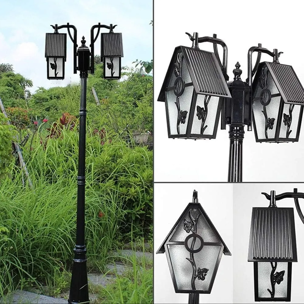 Post Light Post Lights Outdoor,2-Headed Pole Post Lamp Light Waterproof IP55 Pillar Light Pole with Clear Glass Panels Tabletop Lighting for Backyard Patio Gard,Black-3.2m