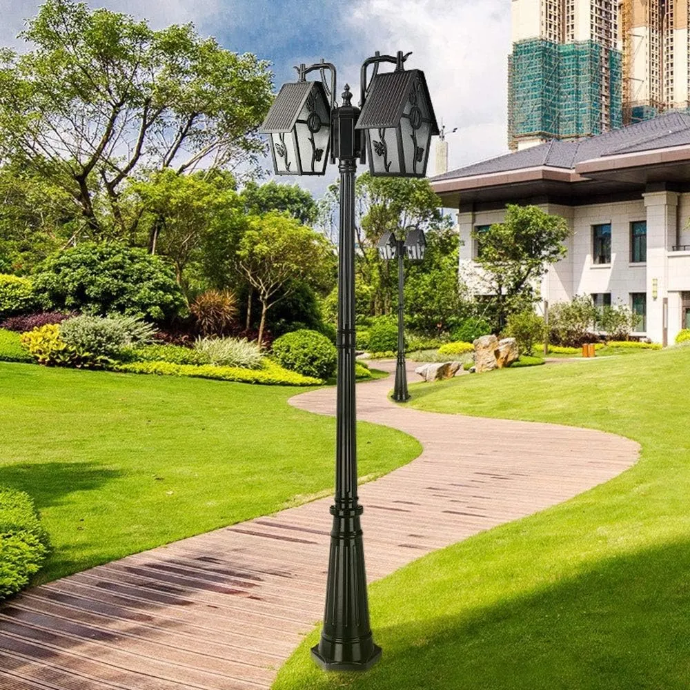 Post Light Post Lights Outdoor,2-Headed Pole Post Lamp Light Waterproof IP55 Pillar Light Pole with Clear Glass Panels Tabletop Lighting for Backyard Patio Gard,Black-3.2m