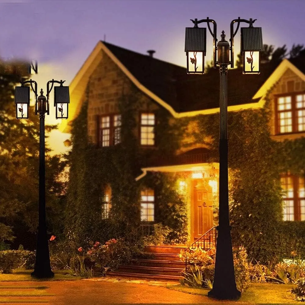 Post Light Post Lights Outdoor,2-Headed Pole Post Lamp Light Waterproof IP55 Pillar Light Pole with Clear Glass Panels Tabletop Lighting for Backyard Patio Gard,Black-3.2m