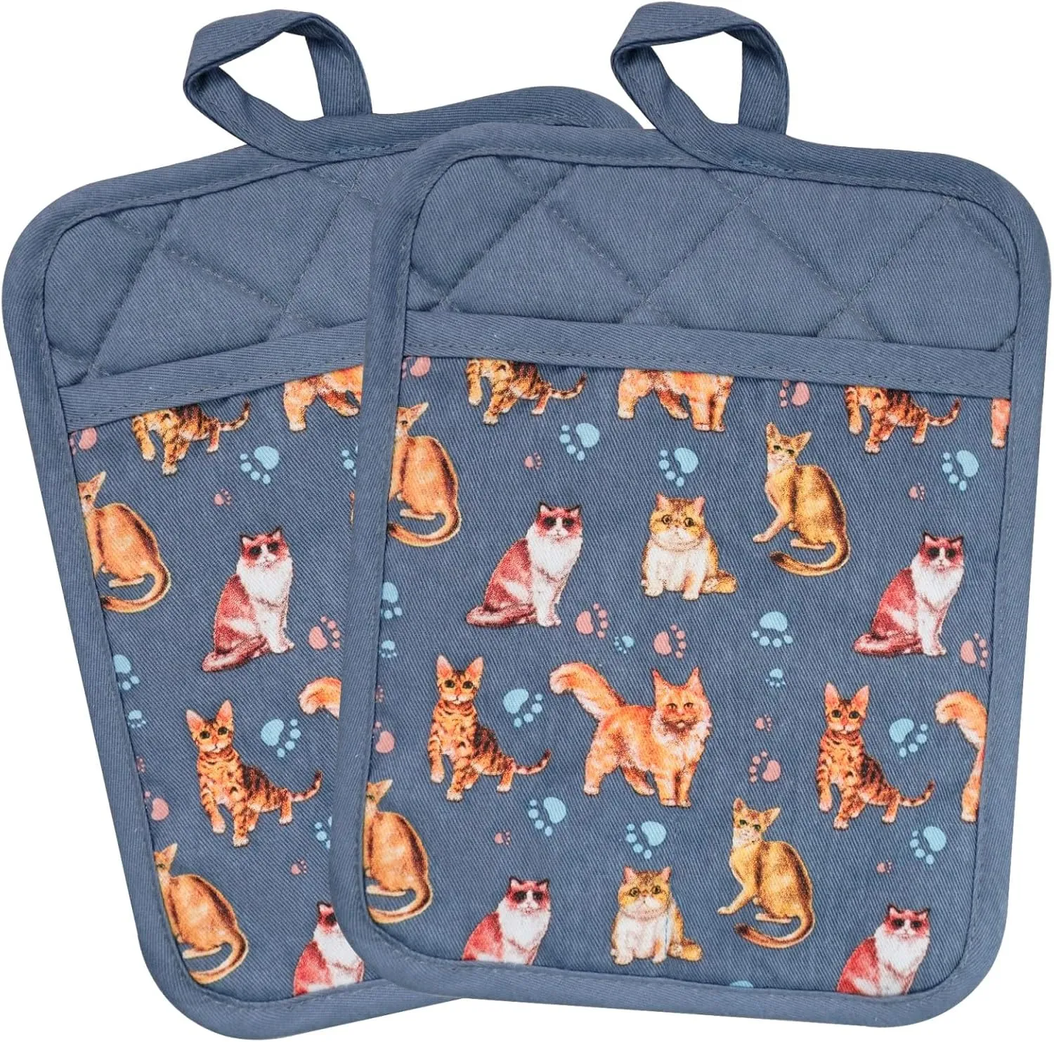 Pot Holders Set of 2 Heat Resistant 480 ℉Non Slip Clear Silicone Printed Comfortable Cotton Lining Kitchen Women Men Cooking Baking Microwave Machine Washable (Cat, Blue potholders)