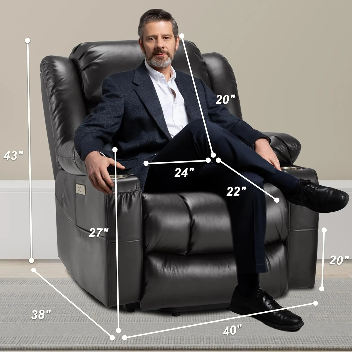 Power Lift Recliner Leather Chair Sofa with Massage & Heat, Lazy Boy Chair with Cup Holders, USB & Type-C Ports, Remote Control (Black)