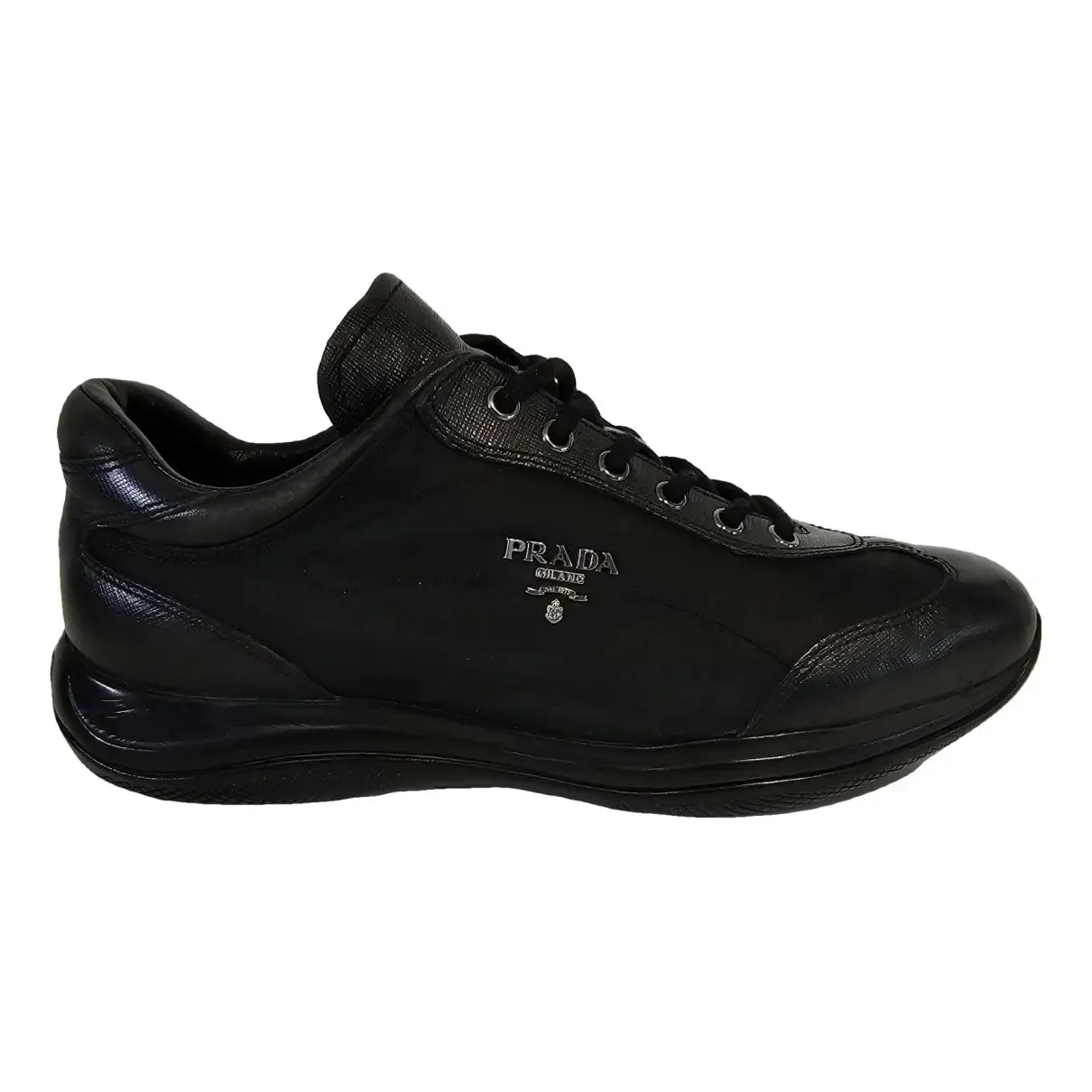 PRADA black nylon and leather sneakers with logo