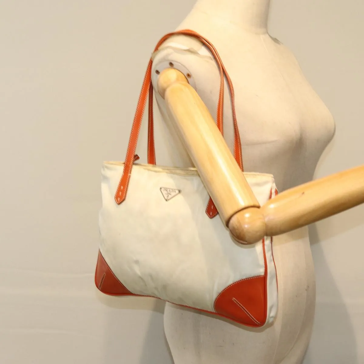 PRADA Tote Bag Nylon Beige Orange 75334