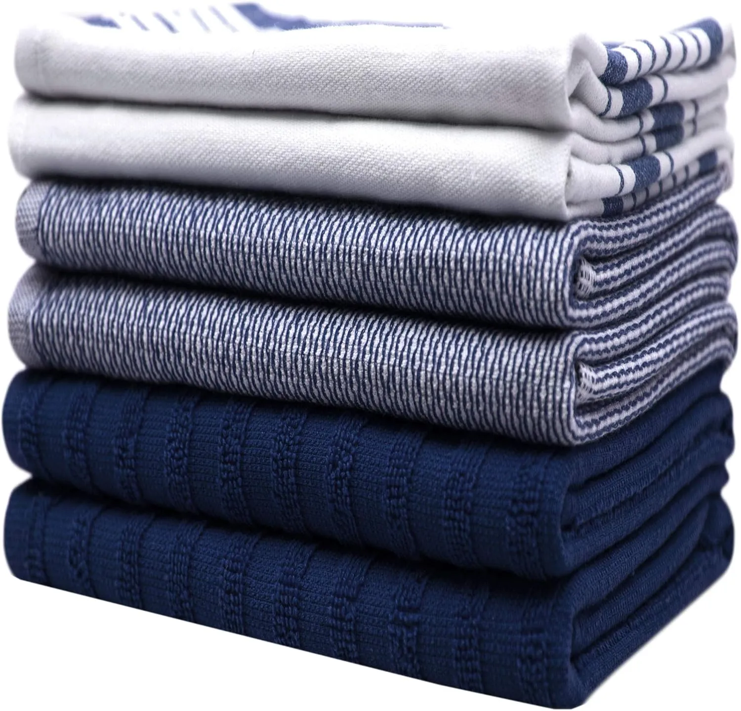Premium Kitchen Towels 20”x 28”- 6 Pack | Large Cotton Kitchen Towels | Hand Towels for Kitchen | Flat & Terry Towel | Dish Towels | Highly Absorbent Tea Towel with Hanging Loop | Navy Blue Striped