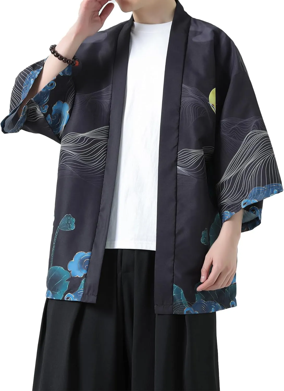 PRIJOUHE Men's Kimono Cardigan Jacket Japanese Style Flying Crane Seven Sleeves Open Front Coat