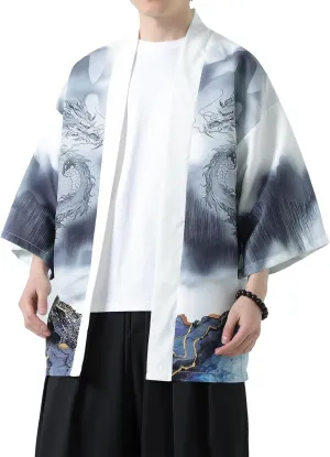 PRIJOUHE Men's Kimono Cardigan Jacket Japanese Style Flying Crane Seven Sleeves Open Front Coat
