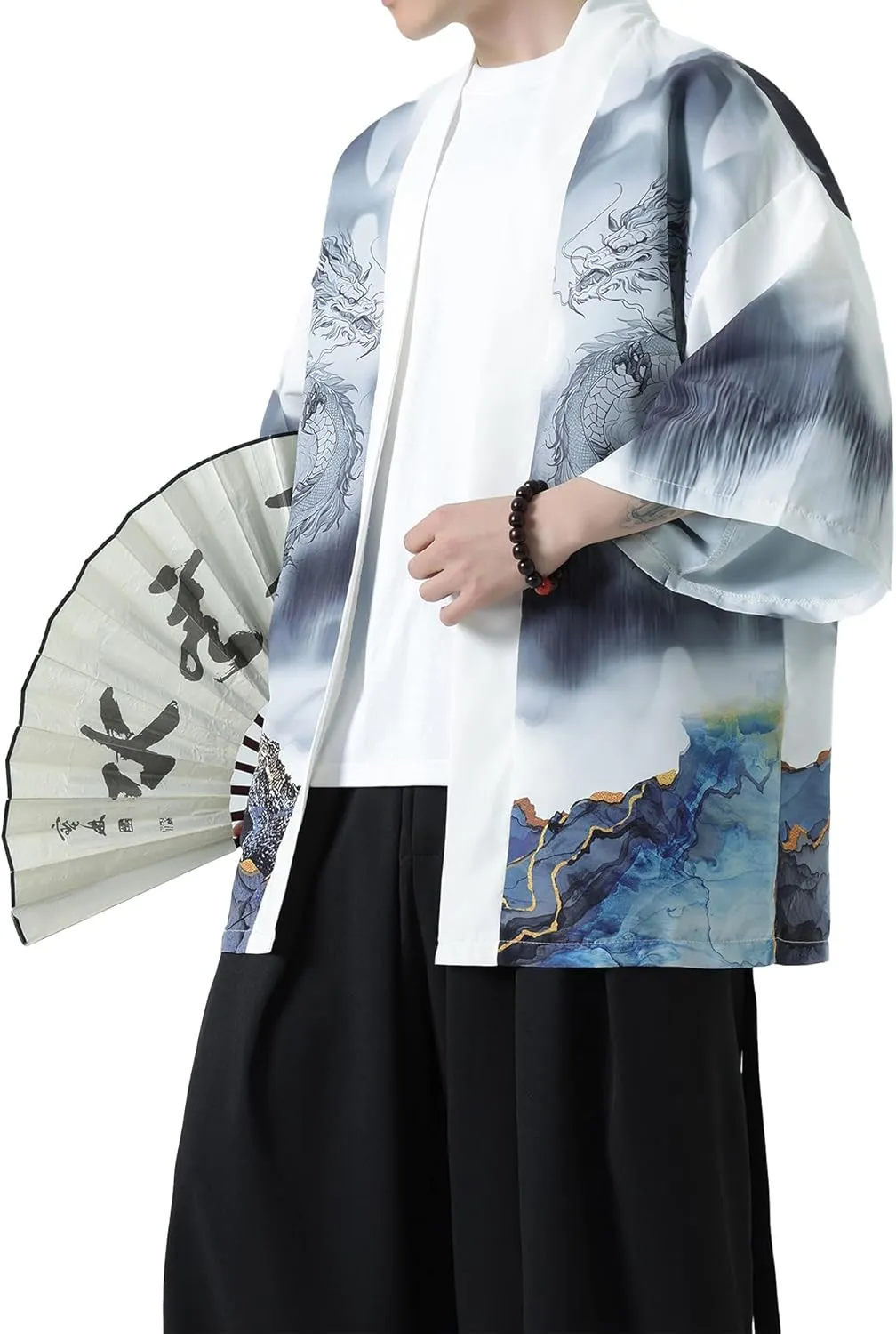 PRIJOUHE Men's Kimono Cardigan Jacket Japanese Style Flying Crane Seven Sleeves Open Front Coat