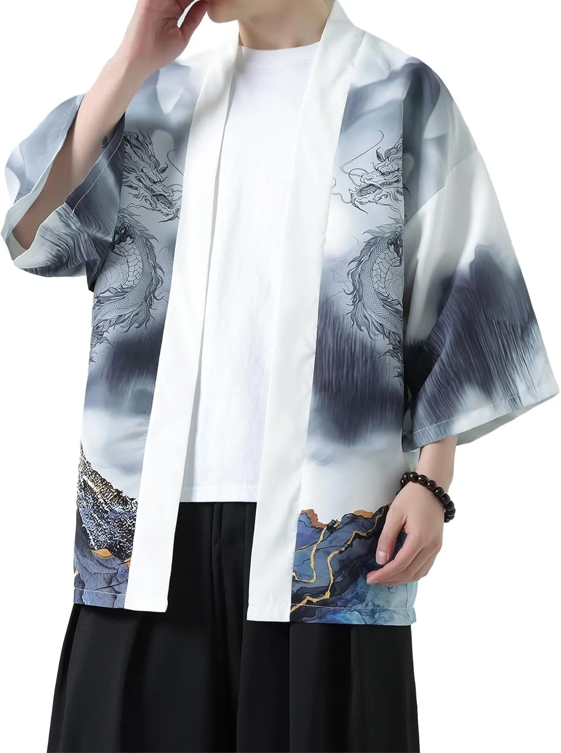 PRIJOUHE Men's Kimono Cardigan Jacket Japanese Style Flying Crane Seven Sleeves Open Front Coat