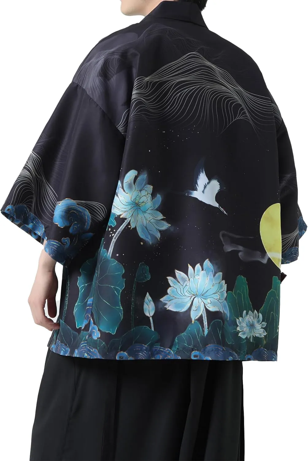 PRIJOUHE Men's Kimono Cardigan Jacket Japanese Style Flying Crane Seven Sleeves Open Front Coat