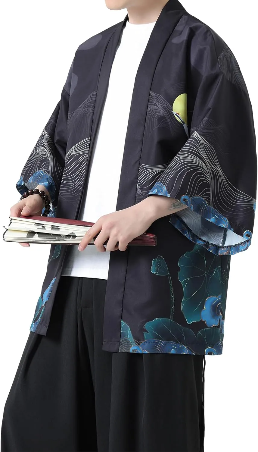 PRIJOUHE Men's Kimono Cardigan Jacket Japanese Style Flying Crane Seven Sleeves Open Front Coat
