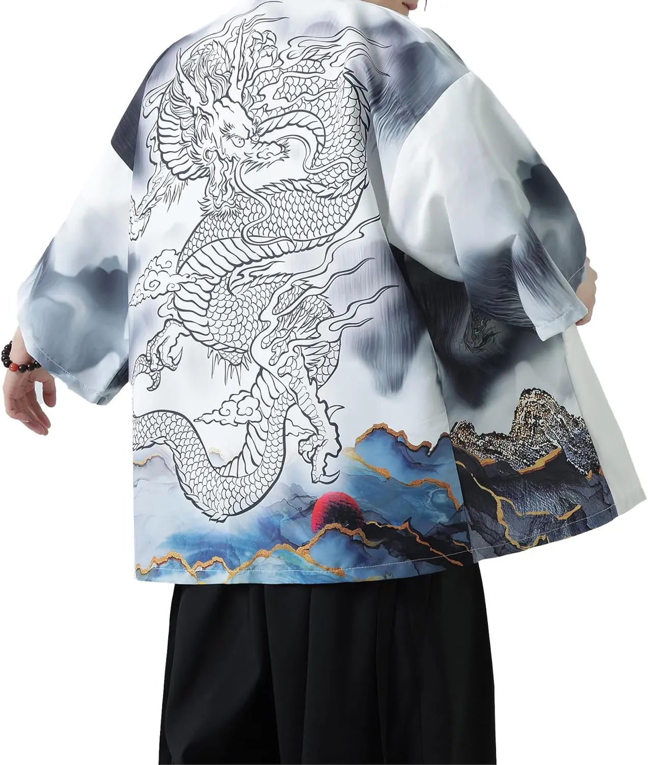 PRIJOUHE Men's Kimono Cardigan Jacket Japanese Style Flying Crane Seven Sleeves Open Front Coat
