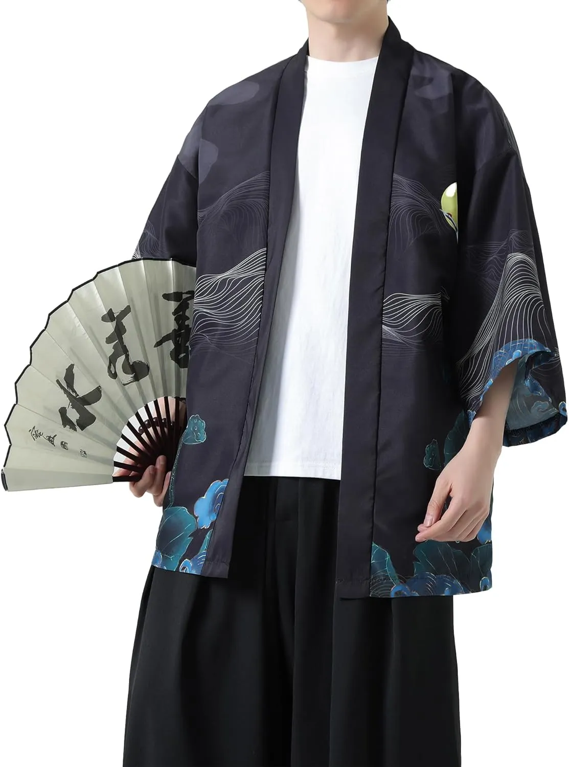 PRIJOUHE Men's Kimono Cardigan Jacket Japanese Style Flying Crane Seven Sleeves Open Front Coat