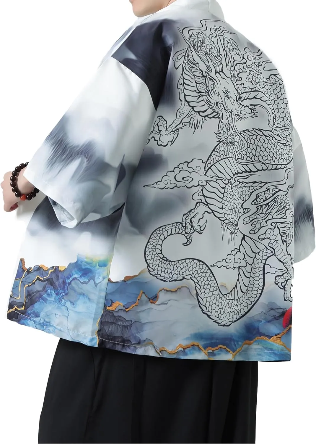 PRIJOUHE Men's Kimono Cardigan Jacket Japanese Style Flying Crane Seven Sleeves Open Front Coat