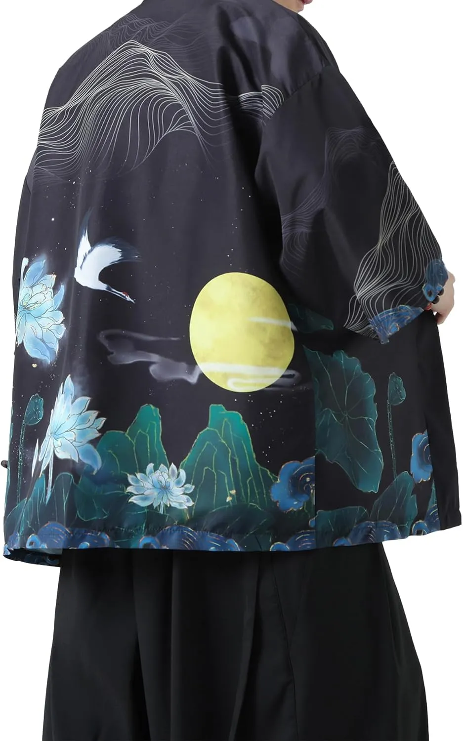 PRIJOUHE Men's Kimono Cardigan Jacket Japanese Style Flying Crane Seven Sleeves Open Front Coat