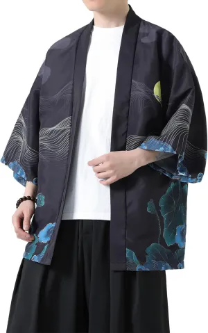 PRIJOUHE Men's Kimono Cardigan Jacket Japanese Style Flying Crane Seven Sleeves Open Front Coat